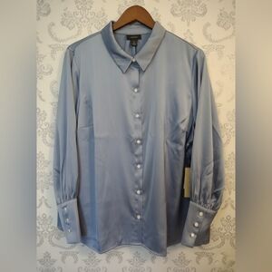 NWT Halogen Blue Blossom Satin Button-Down Blouse | Rhinestone Cuffs | Size 2X